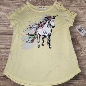 NWT Beautees Girls Sz XL Top Shirt Yellow Unicorn Graphic Lace Shoulder Glitter
